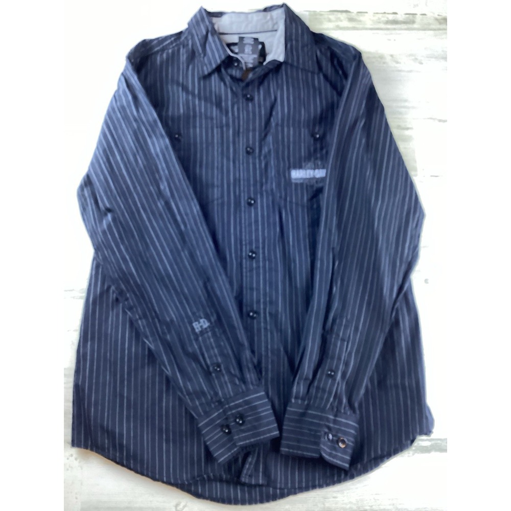 Harley Davidson Mens Sz M LS Black gray Pinstripe 2 Pockets Metal Logo Plaque - Picture 5 of 15